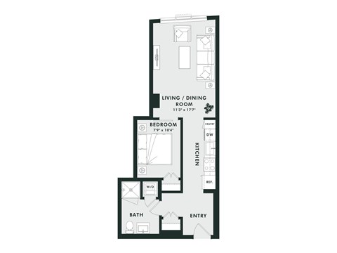 Floor plan for 1 bed, 1 bath, 593 sqft